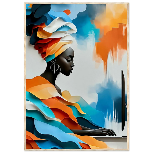 Colourful artwork of an African woman in a headwrap creating at a computer