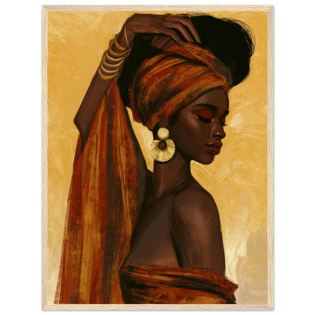 African woman tying a rust-and-gold headwrap against a warm golden background