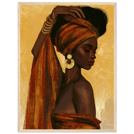 African woman tying a rust-and-gold headwrap against a warm golden background